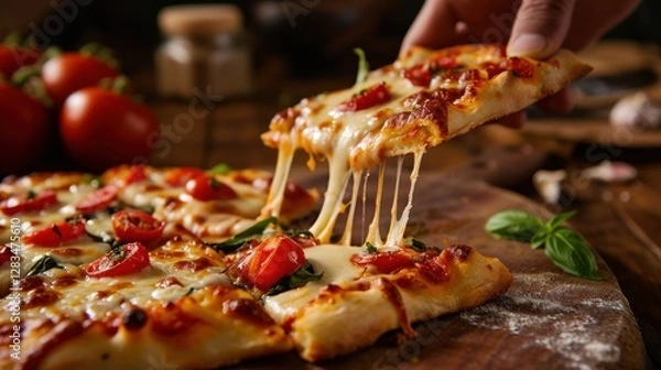 Fototapeta Pizza Four Cheese, Italian Pizza with Rich Tomato Sauce, Mozzarella, Parmesan, Gorgonzola, and Ricotta Cheese, Creamy and Savory Pizza Isolated on Background with Copy Space.