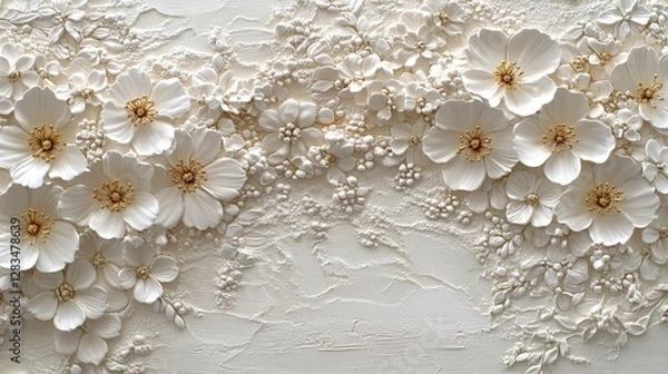 Fototapeta A textured artwork featuring white flowers and delicate floral patterns.