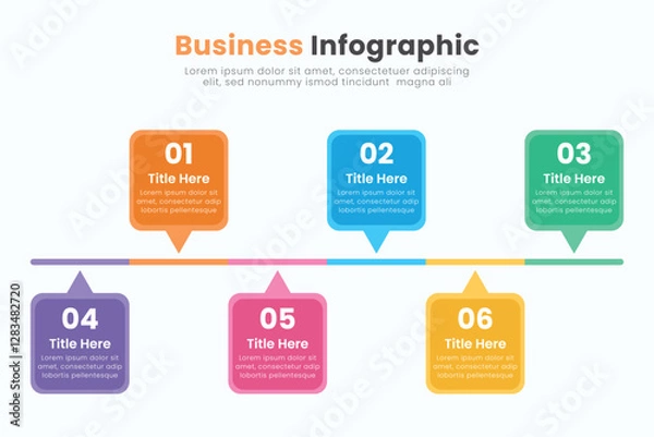 Obraz Business infographic template design. Timeline concept with 6 steps. Can be used for presentations, workflow layout, diagram, banner, web design, Vector illustration.