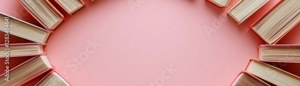 Fototapeta Open Books Frame on Pink Backdrop Education and Knowledge Literature and Reading Circular Border