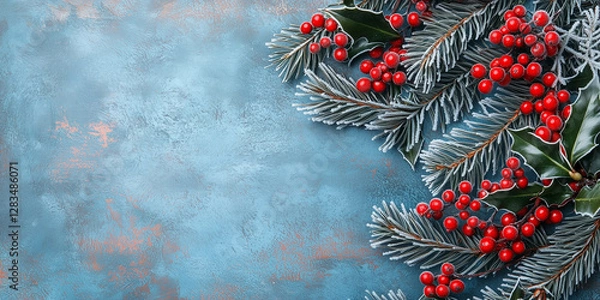 Fototapeta Vibrant red frosty holly berries with icy leaves, and pine branches on a rustic textured blue background, copy space