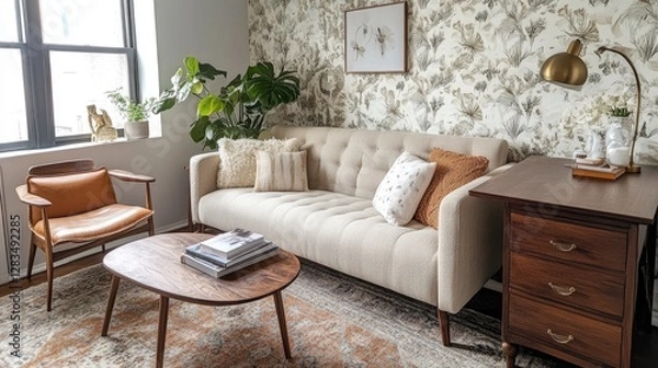 Fototapeta A cozy and stylish living room workspace setup, blending a neutral couch, wooden desk, and elegant wallpaper.