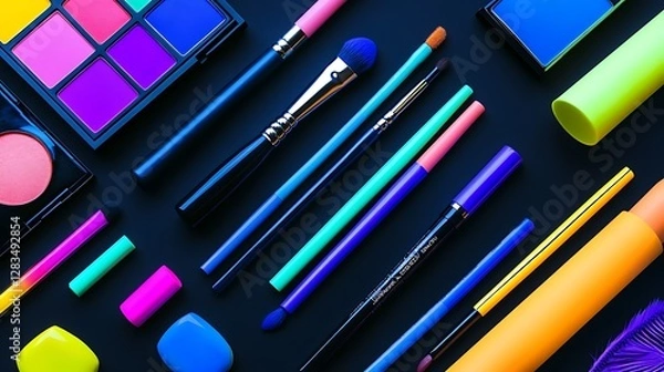 Fototapeta Creative flat-lay of bold neon makeup products on a colorful gradient