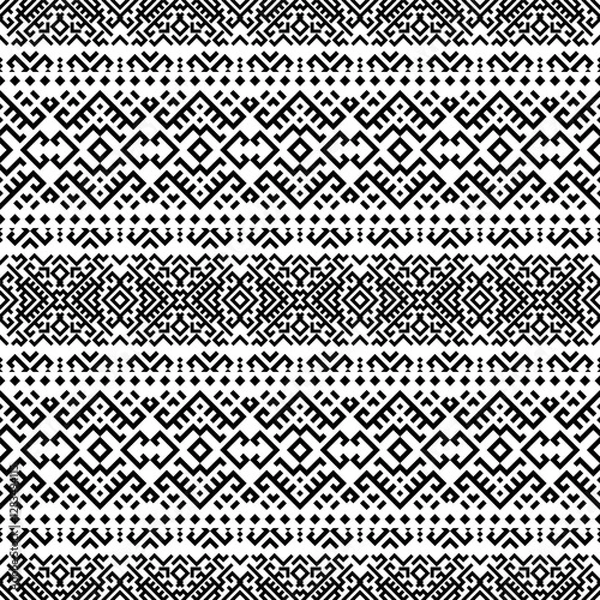 Fototapeta A modern take on tribal aesthetics, this seamless black and white horizontal geometric pattern adds bold, rhythmic symmetry to textiles, wallpapers, and more.