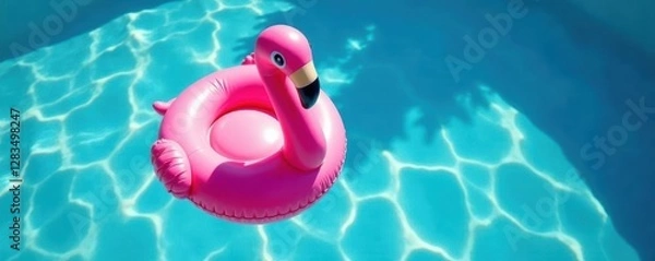 Fototapeta Inflatable flamingo pool toy viewed from above, shimmering water , flamingo, relaxation