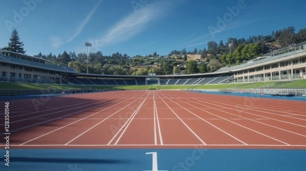 Fototapeta College stadium with athletes preparing for a 4x100m relay. Featuring teamwork and precision