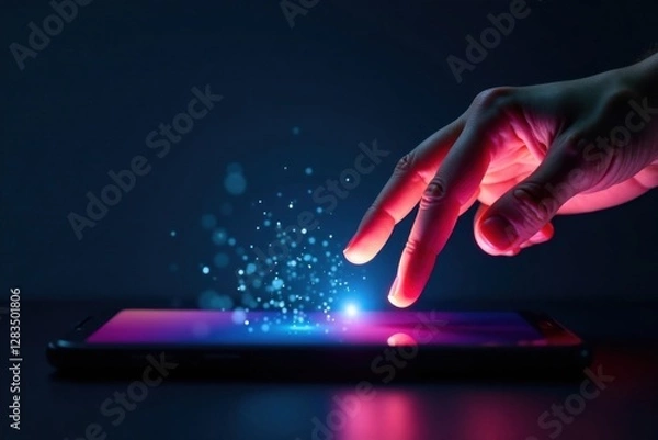 Fototapeta Finger extends to touch phone screen on a dark background, highlighting social media presence , digital life, online presence, virtual connection