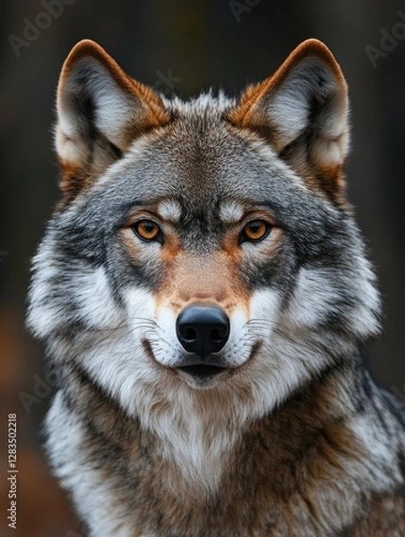 Fototapeta Majestic wolf gazes intently into the distance during a serene forest setting at dawn, showcasing its striking features and vibrant fur textures