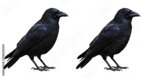 Fototapeta Two dark crows stand alert against a white background