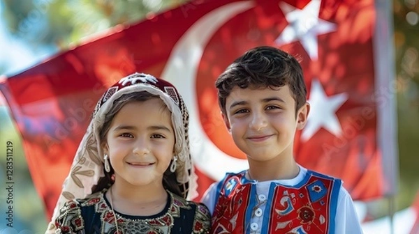 Obraz Two cheerful children, a girl in traditional attire and a boy in a colorful vest, smiling in front of a Turkish flag.