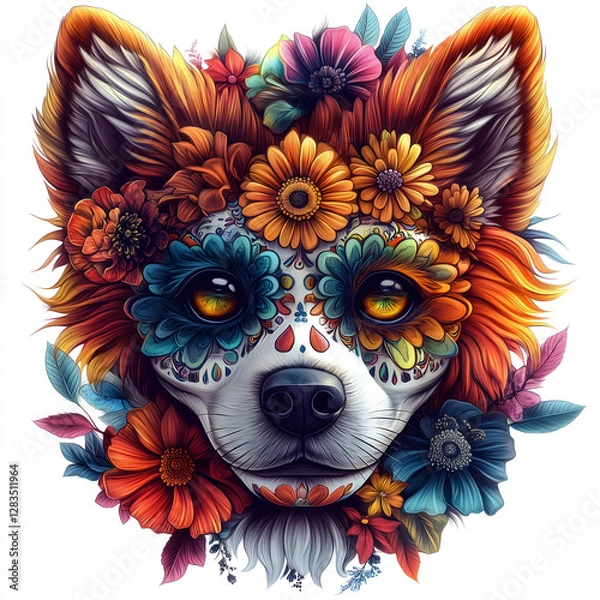 Fototapeta A charming Chihuahua dog with intricate floral face paint, combining pet portraiture with artistic beauty.