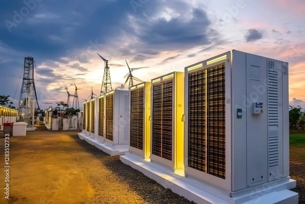 Fototapeta Solar energy storage units lined up at sunset with wind turbines in the background