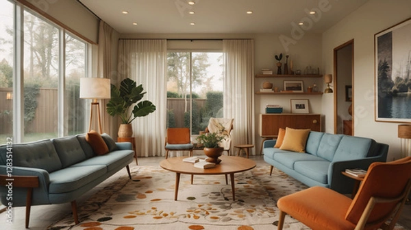 Fototapeta Vibrant and Artistic Mid Century Living Room with Wooden Furniture Tropical Plants and Colorful Ethnic Touches Earth Tone Modern Interior design inspiration