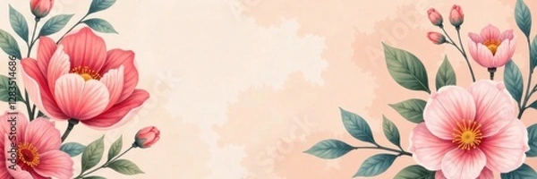 Fototapeta Floral watercolor pattern on a soft peach background, with gentle blooms and leaves in pastel shades, garden, pastel, delicate