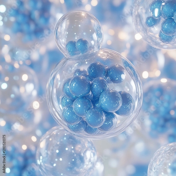 Fototapeta GClose-up of blue exosome particles inside transparent spheres. 3D illustration of exosomes in biotechnology. Scientific visualization related to cosmetology and trichology.enerated image