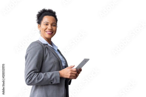 Obraz Determined African American business leader reading documents on a tablet