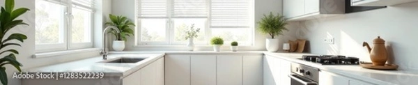 Fototapeta Clean white kitchen with closed blinds, soft light, home, design, room