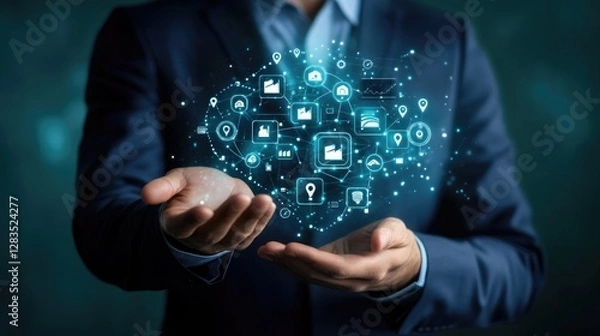 Fototapeta Abstract concept of human resource management with glowing user icons connected by a digital network, blue background, no people