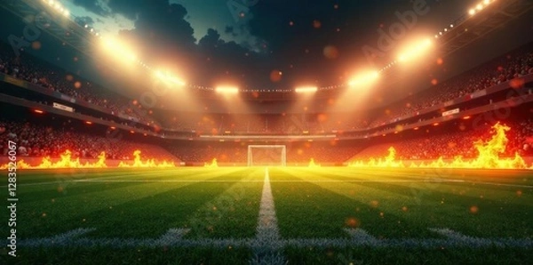 Fototapeta Football field on fire with burning goalposts and scoreboard, flames destruction, soccer field, blazing goalposts