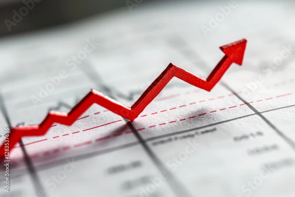 Fototapeta Red arrow is drawn on a graph paper, indicating a positive trend