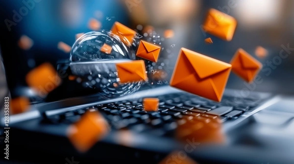 Fototapeta Futuristic digital communication with lots of floating emails over a laptop keyboard, spamming