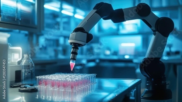 Fototapeta A robotic arm is precisely dispensing liquid into test tubes in a high-tech laboratory filled with scientific equipment.
