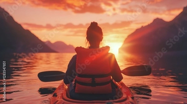 Fototapeta A woman in a life jacket sitting on a kayak, holding oars and looking at the sea with a sunset view. Water sport activity concept. 