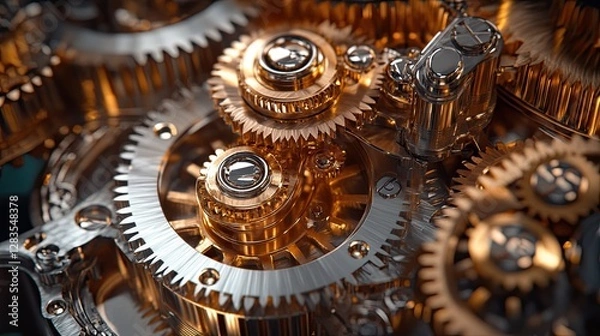 Fototapeta Close-up of intricate metallic gears, revealing the complexity of mechanical systems