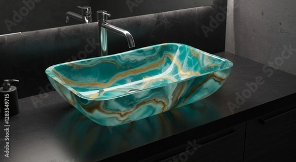Fototapeta Rectangular teal marble sink with golden swirls resting on vanity