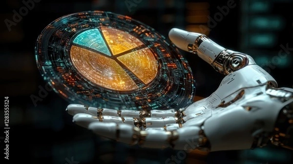 Obraz Robotic Hand Presenting Futuristic Pie Chart Data Visualization