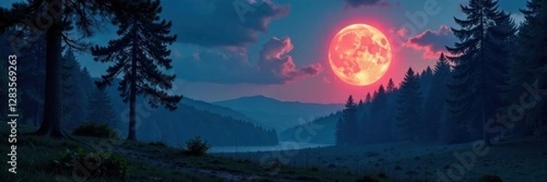 Fototapeta Full moon over a forest clearing, forest, moonlight, night