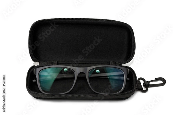 Fototapeta Myopia glasses with black frame in a case isolated on white background