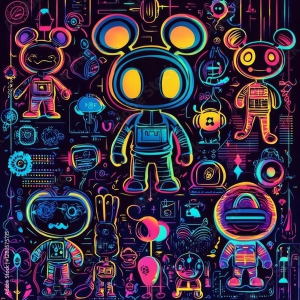 Obraz Neon Robot Ensemble: A vibrant array of neon-colored robots, each with unique designs, illuminates the scene against a dark backdrop, creating a futuristic and playful ambiance.