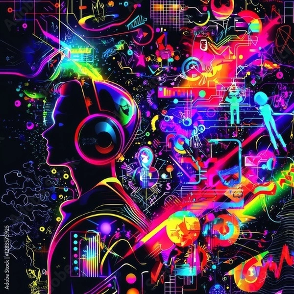 Fototapeta A Symphony of Tech: A silhouette of a person immersed in a vibrant, electric world of sound and technology, with an explosion of neon colors representing the digital experience.