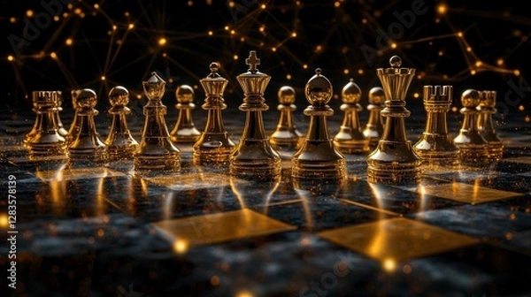 Fototapeta Golden chess pawns network connecting on marble surface