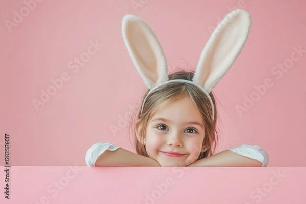 Obraz Cute girl wearing bunny ears peeking over the edge of an empty table with a pink background, Easter theme, simple composition, portrait photography, high-resolution photography,