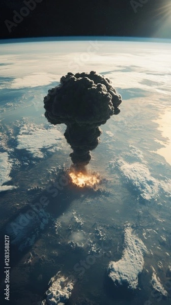 Fototapeta View from space of huge black radiation smoke after an explosion at a nuclear plant. panoramic view from space of a continent 