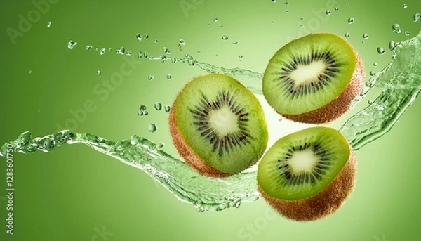 Fototapeta Fresh organic kiwi cut into slices with water drops splash flying in the air, full frame