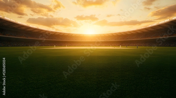 Fototapeta Sunset Over a Cricket Field in a Stadium