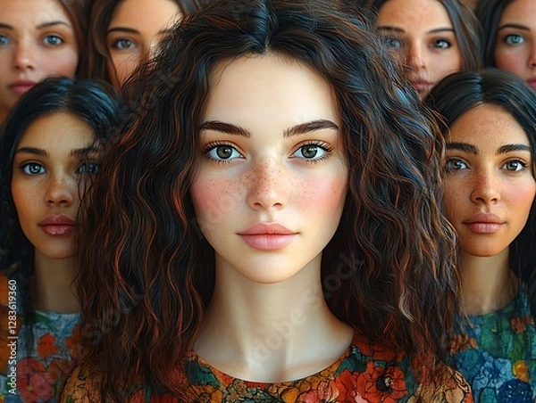 Fototapeta A Group of People with Curly Hair in Colorful Floral Patterns

