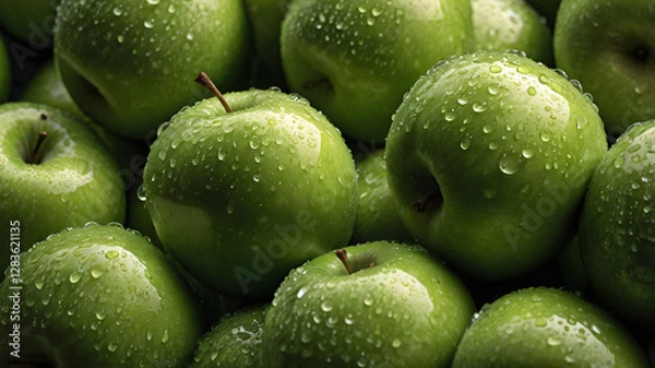 Obraz Green Apples, Fresh green apples close-up on white background, Close-up image of juicy green apples with water drops on it 