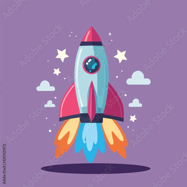 Fototapeta Colorful Cartoon Rocket Launching into Space with Stars and Clouds illustration vector icon sticker