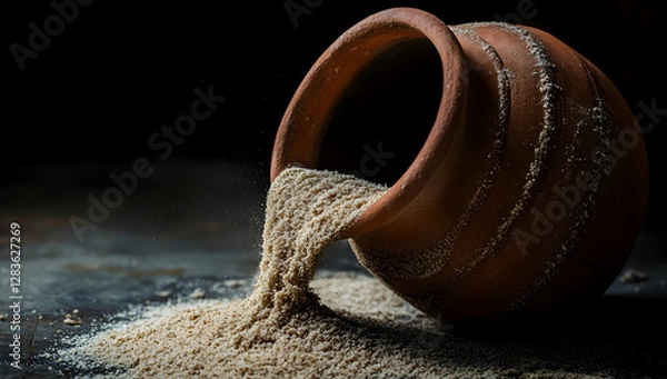 Fototapeta A clay pot, lying on its side, has sand covering the bottom.