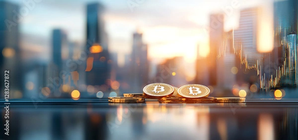 Fototapeta Digital currency coins on reflective surface with city skyline in background, showcasing financial theme and investment potential