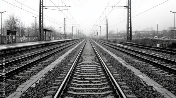 Fototapeta Empty train tracks through foggy station, perspective view, possible use for travel theme