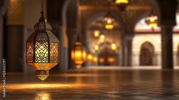 Fototapeta Ornate Lantern Illuminating Tranquil Hallway in Ancient Architecture