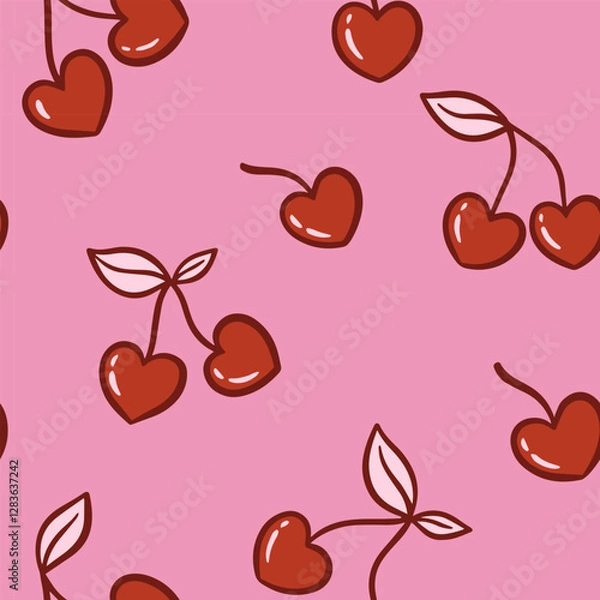 Fototapeta Cute pattern with heart shaped cherries. Vector illustration. Design for wallpaper, wrapping paper, clothing, cards and invitations. Vintage hand drawn art.
