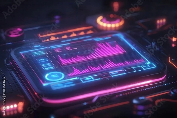 Fototapeta holographic financial data visualization with glowing charts and graphs floating in dark space with neon highlights and clean modern interface