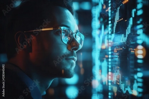 Fototapeta holographic financial data projections surrounding contemplative businessman glowing charts and graphs float in dark space with blue accent lighting