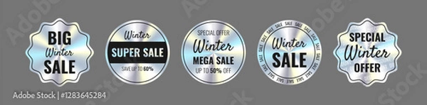 Fototapeta Tags and stickers with holographic effect: Winter Sale, Super Sale, Special Offer, Up to 50-60% Off. Hologram various geometric shapes.
